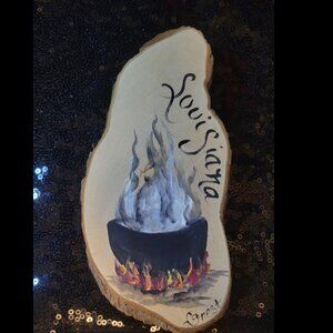 Hand Painted Cauldron on Wood Slice Canvas